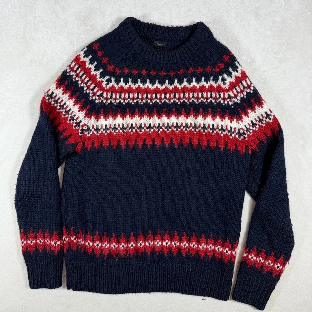 J. Crew Size Small Navy and Red Crewneck Wool Blend Fair Isle Sweater